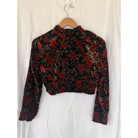 Vintage ‘90s Rampage Black Velvet Crushed Floral Print Bolero Evening Jacket S - Picture 3 of 6